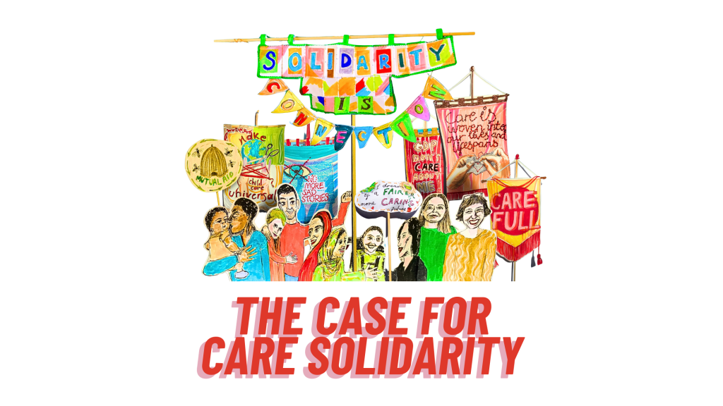 A drawing of lots of different people holding up banners in support of care for each other